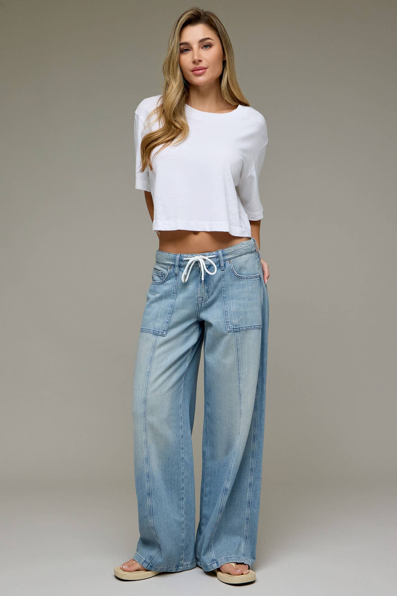 Vintage Drawstring Mid Rise Wide Leg Jeans