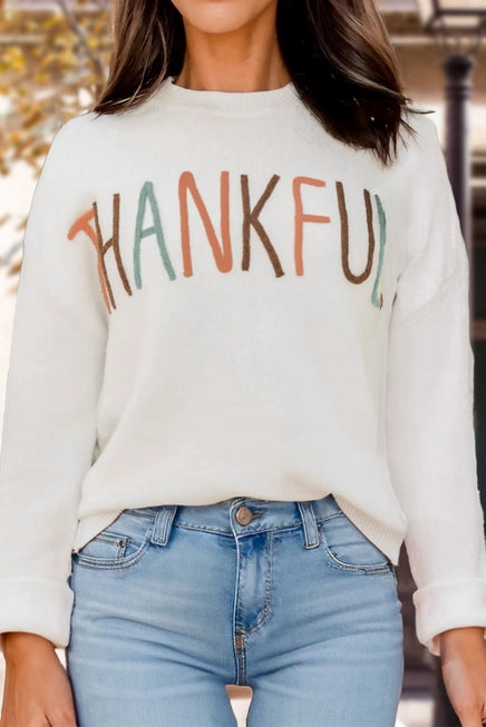 Thankful Embroidered Knit Sweater