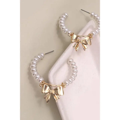 Gold Pearl Bow Hoops