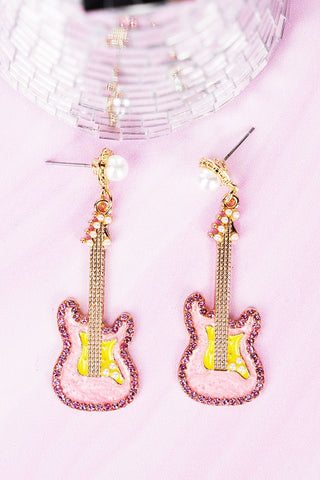 Pink & Pearl Guitar Goldtone Earrings