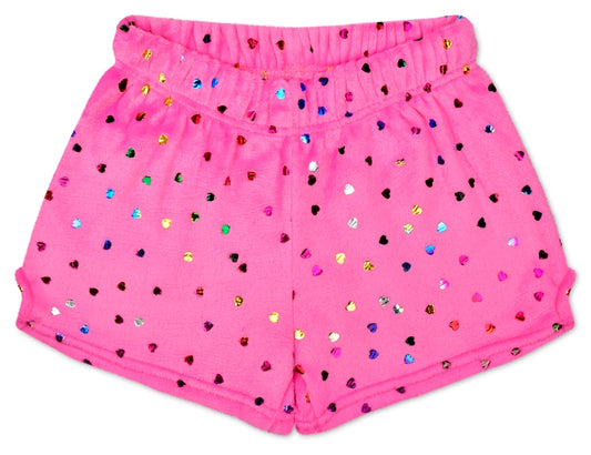 Youth Bright Pink Foil Heart Plush Shorts