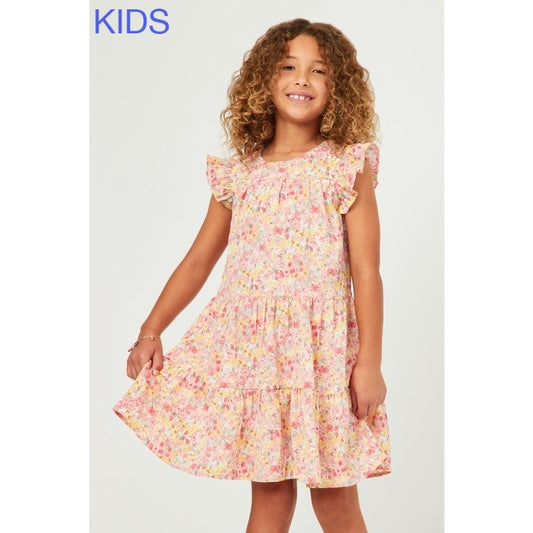 Youth Red Floral Ruffle Sleeve Tiered Dress