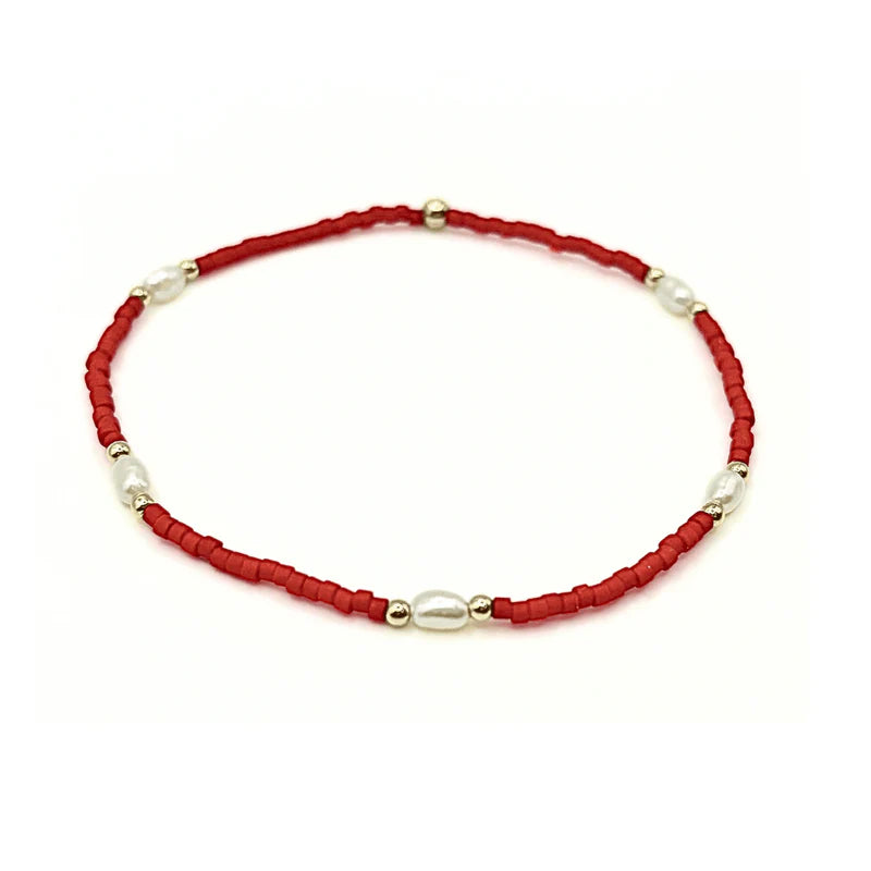 Red Game Day Gold-Filled & Natural Rice Pearls Bracelet