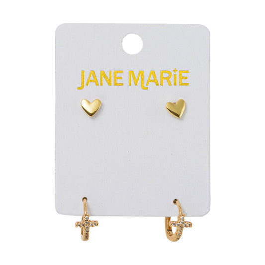 18K Gold Plated Heart with Cross Huggie Earring Set