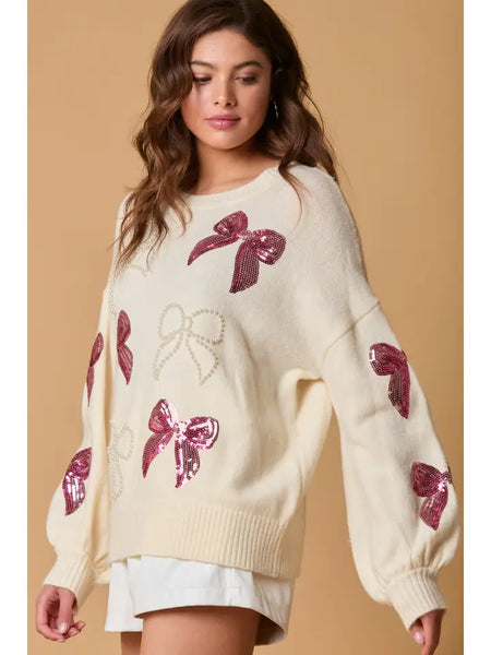 Cream Knit Sequin & Pearl Bow Sweater