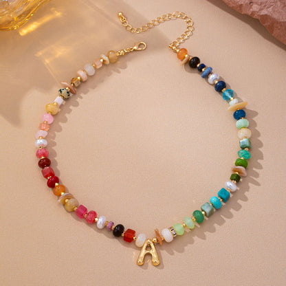 Multi Gemstone Chip Initial Charm Necklace