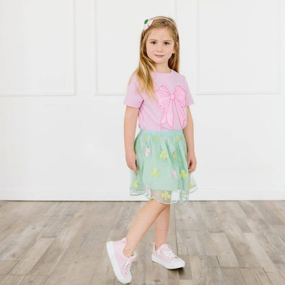 Pink Bow Sequin Patch Short Sleeve T-Shirt