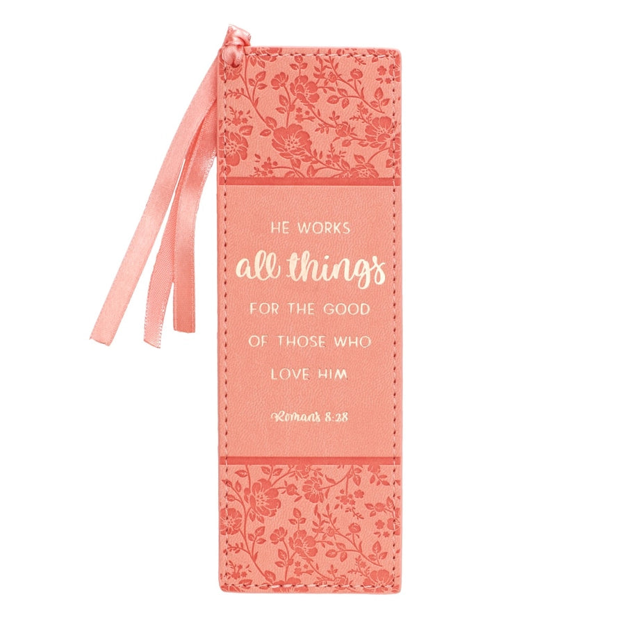 Coral All Things Rom. 8:28 Faux Leather Bookmark