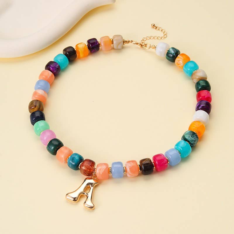 Multi Chunky Beaded Initial Charm Necklace