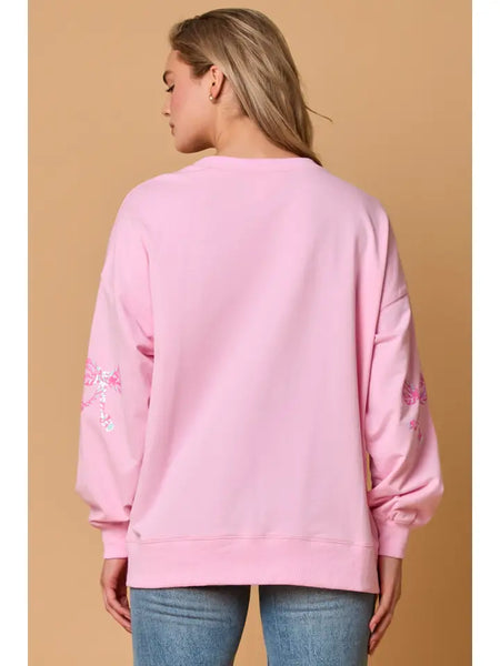 Pink Sequin Bow French Terry Pullover