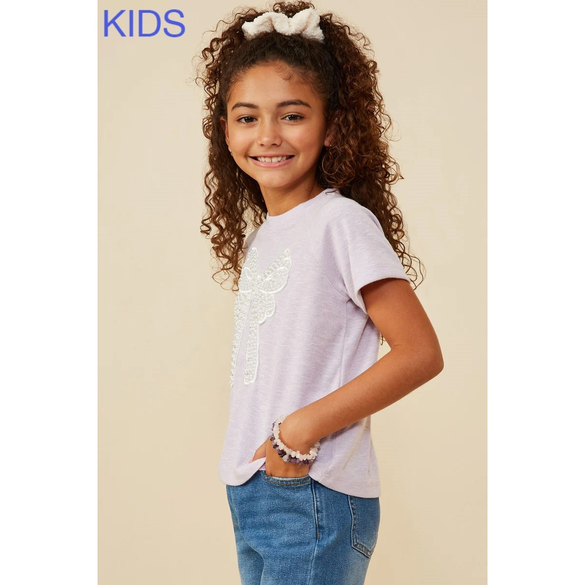Youth Lavender Pearl Ribbon Patch Tee