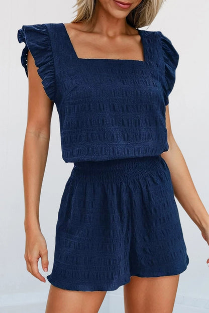 Navy Textured Square Neck Top & Shorts Set