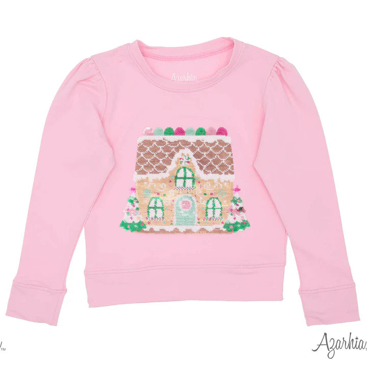 Youth Pink Gingerbread House Sequin Holly Top