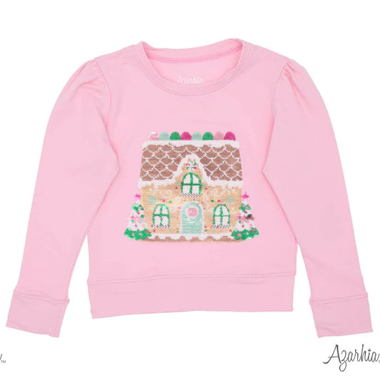 Youth Pink Gingerbread House Sequin Holly Top