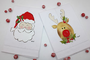 Santa & Reindeer Handpainted Tea Towel