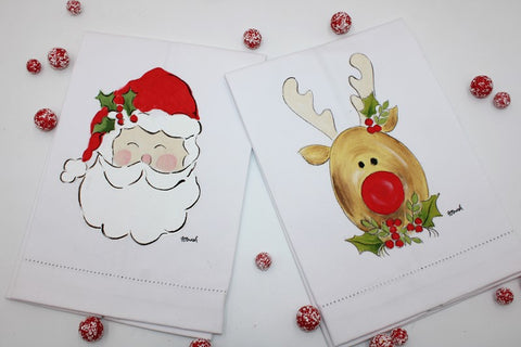 Santa & Reindeer Handpainted Tea Towel