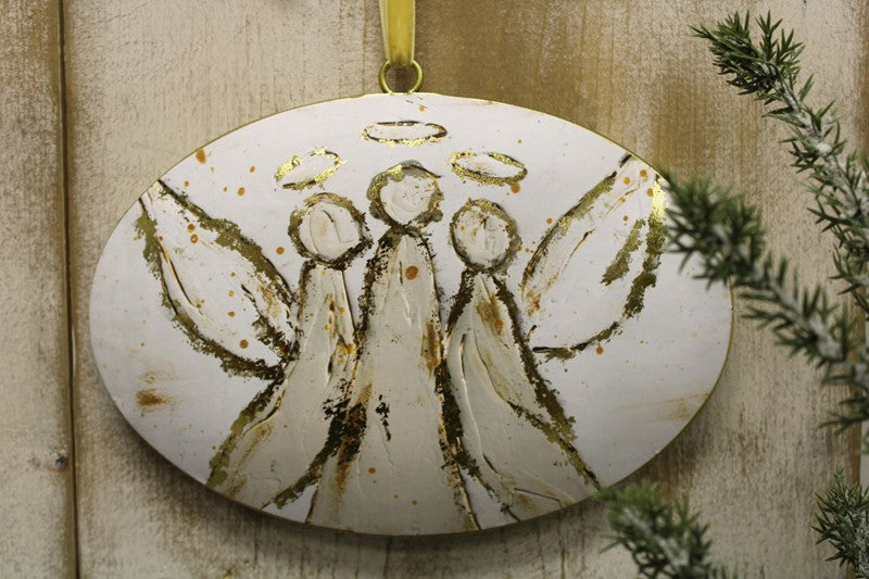 Angel Trio w/ Gold Accents 6x9" Oval Metal Disc Ornament