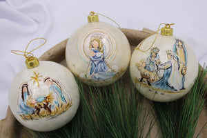 Handpainted Capiz Ball Ornament Blue Nativity Scenes