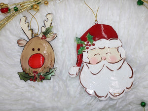 Handpainted Molded Metal Santa & Reindeer Ornament