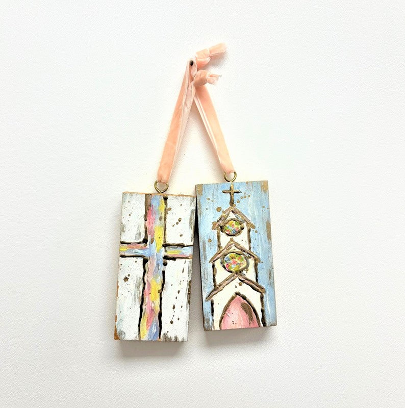 Cross and Church Pastel Handpainted Wood Ornaments