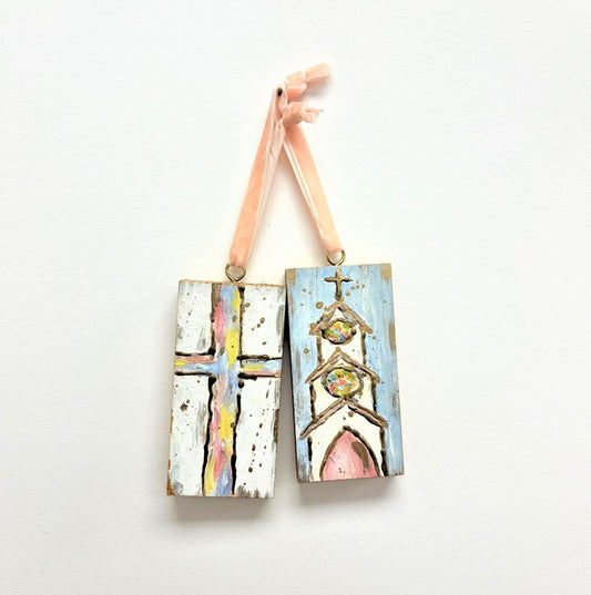 Cross and Church Pastel Handpainted Wood Ornaments