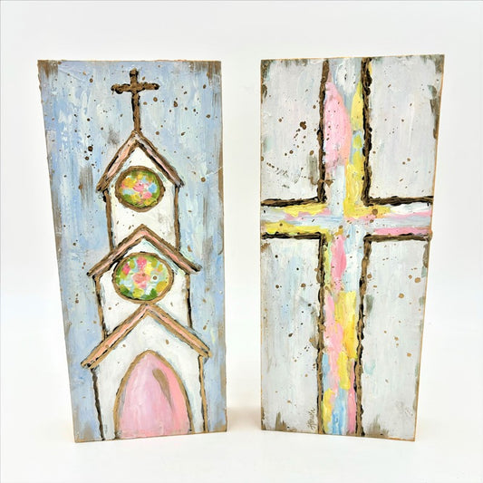 Cross and Church Pastel Handpainted Block Sign
