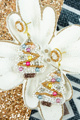 White Christmas Tree Beaded Earrings