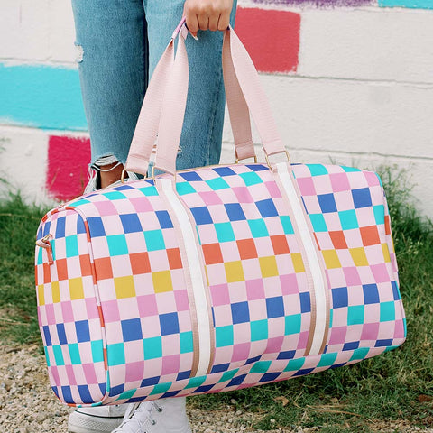 Multicolored Checkered Print Duffle Weekender Bag