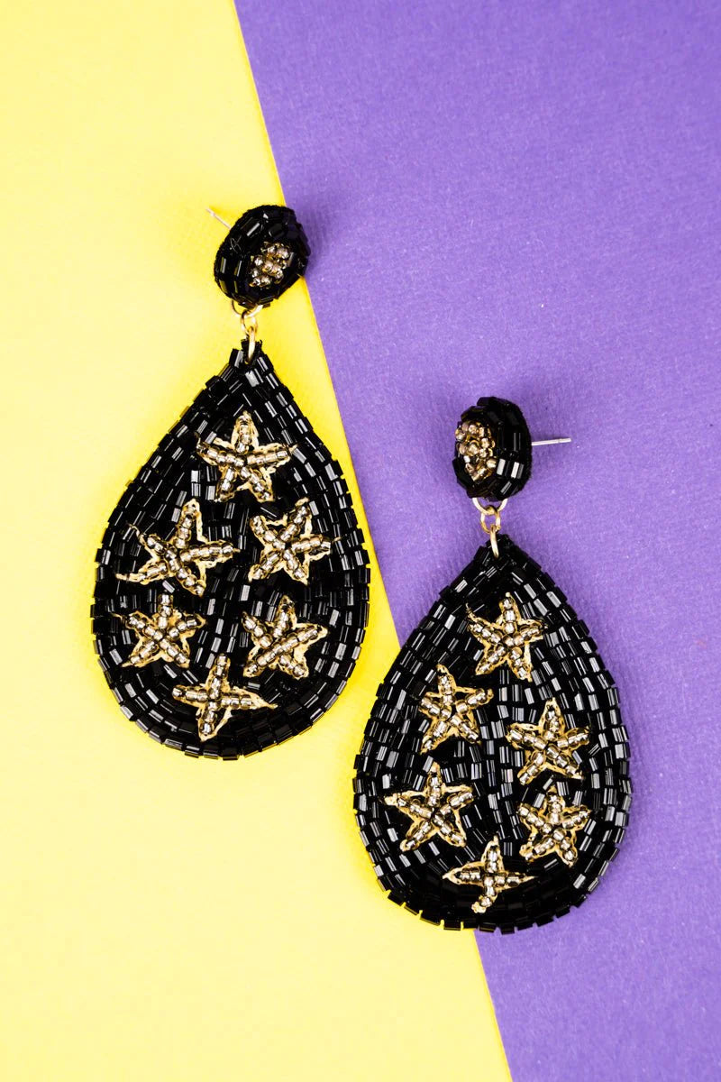 Black & Gold Star Beaded Teardrop Earrings