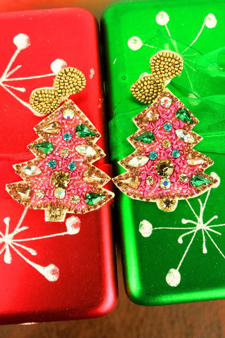 Pink Bejeweled Christmas Tree Earrings