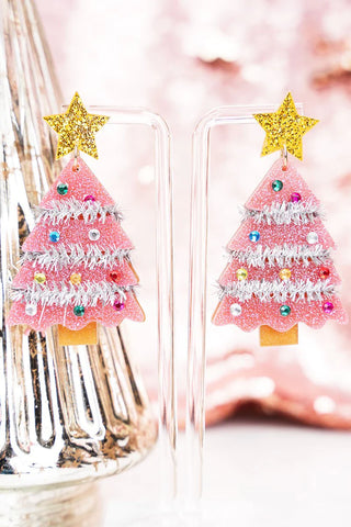 Pink Tinsel Time Tree Acrylic Earrings