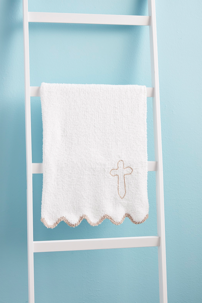 Mud Pie White Cross Scallop Chenille Blanket