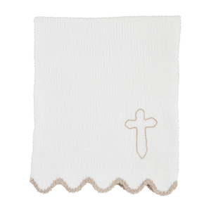 Mud Pie White Cross Scallop Chenille Blanket