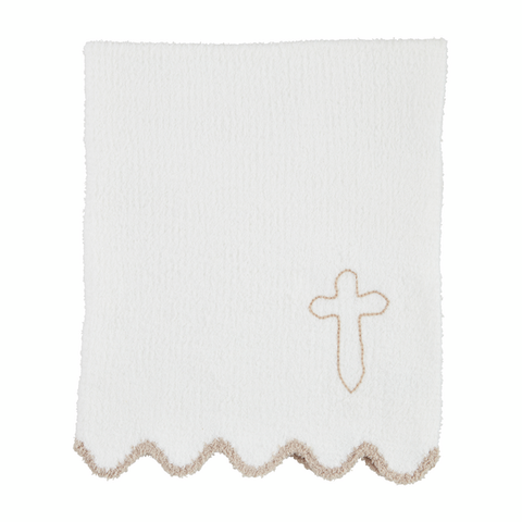 Mud Pie White Cross Scallop Chenille Blanket