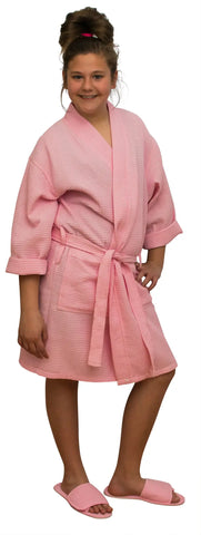 Kids Light Pink Waffle Weave Kimono Robe