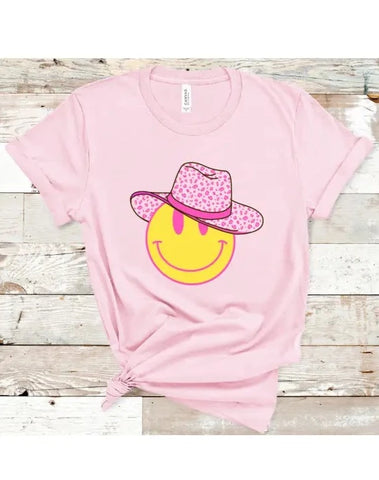 Pink Smiley Leopard Cowgirl Graphic Tee