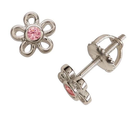 Sterling Silver Outline Daisy Earrings in Pink