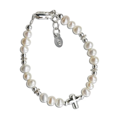 Sterling Silver Freshwater Pearl Cross Baptism Bracelet