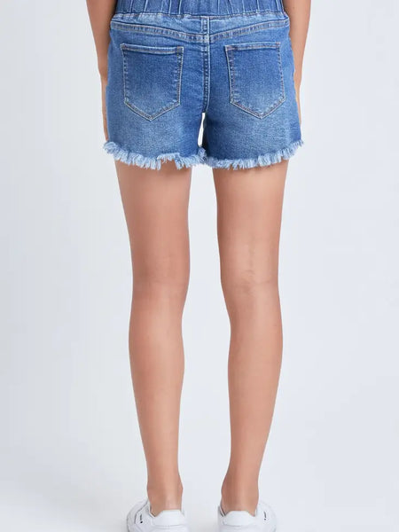 Girls Ripped Medium Wash Denim Fray Jogger Shorts