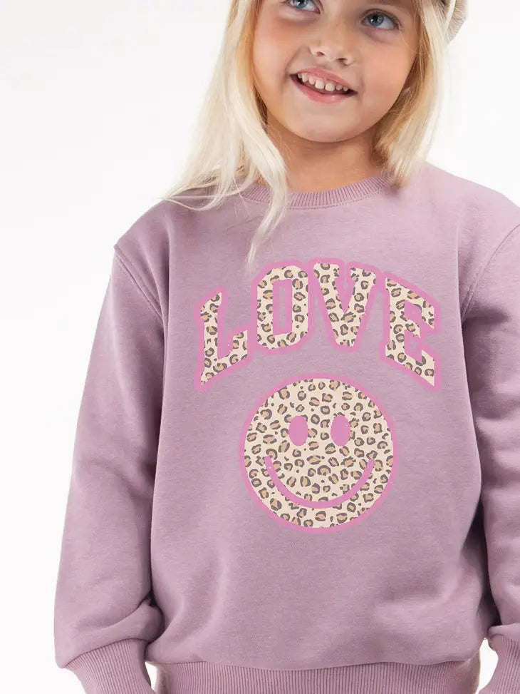 Youth Lavender Love Smiley Leopard Face Graphic Sweatshirt