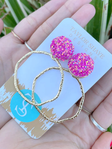 Hot Pink Glitter Top Hoop Earrings