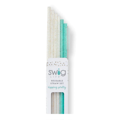 Swig Glitter Clear + Aqua Reusable Straw Set